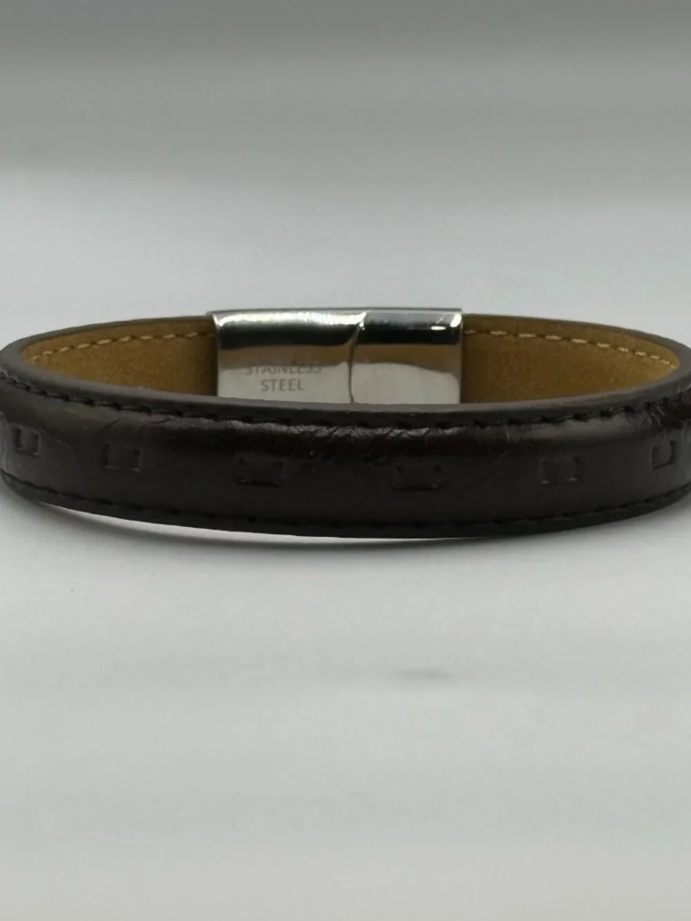 3/$30 Men Brown Leather Bracelet Stitched Stainless Steel Snap Clasp 8.25
